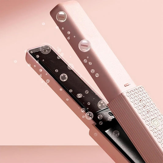Cordless Hair Straightener, 2 in 1 Portable Mini Ceramic Flat Iron and Curler, USB-C Rechargeable Travel Straightener, Lock in Moisture & Shine, 3 Levels Adjustable (Pink)