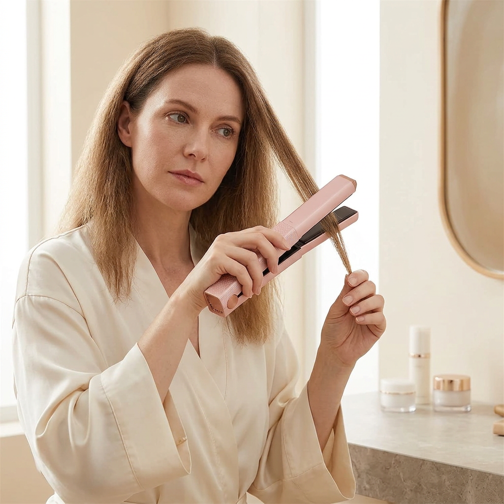 Illustrative AI-generated image of a woman styling her hair with a pink Styling Duo straightener.
